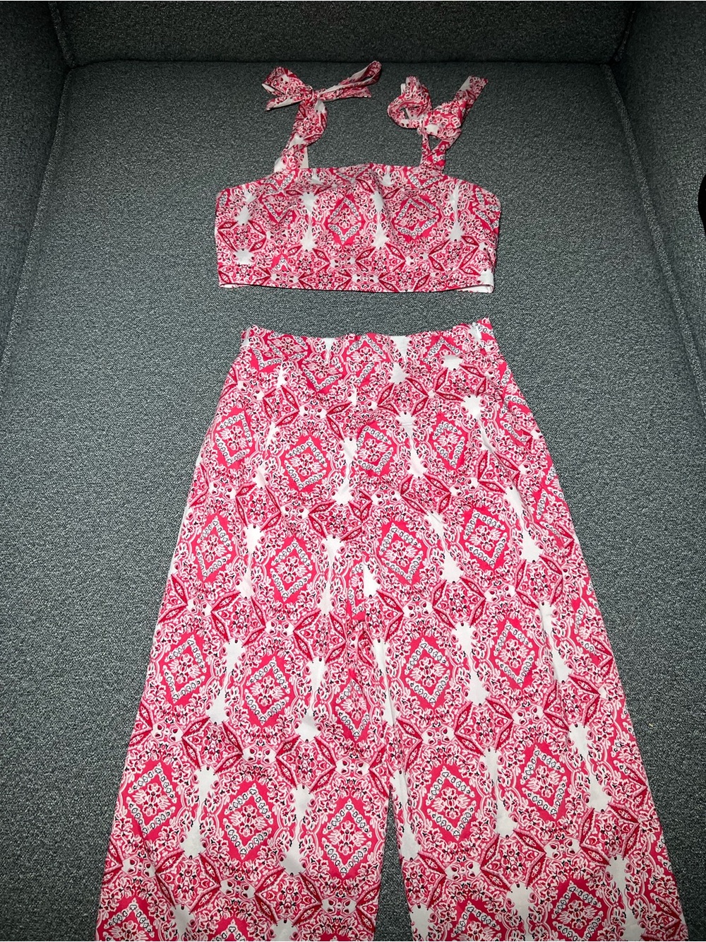 SHEIN Pink Printed Tie-Strap Crop Top & Wide-Leg Pants Set
